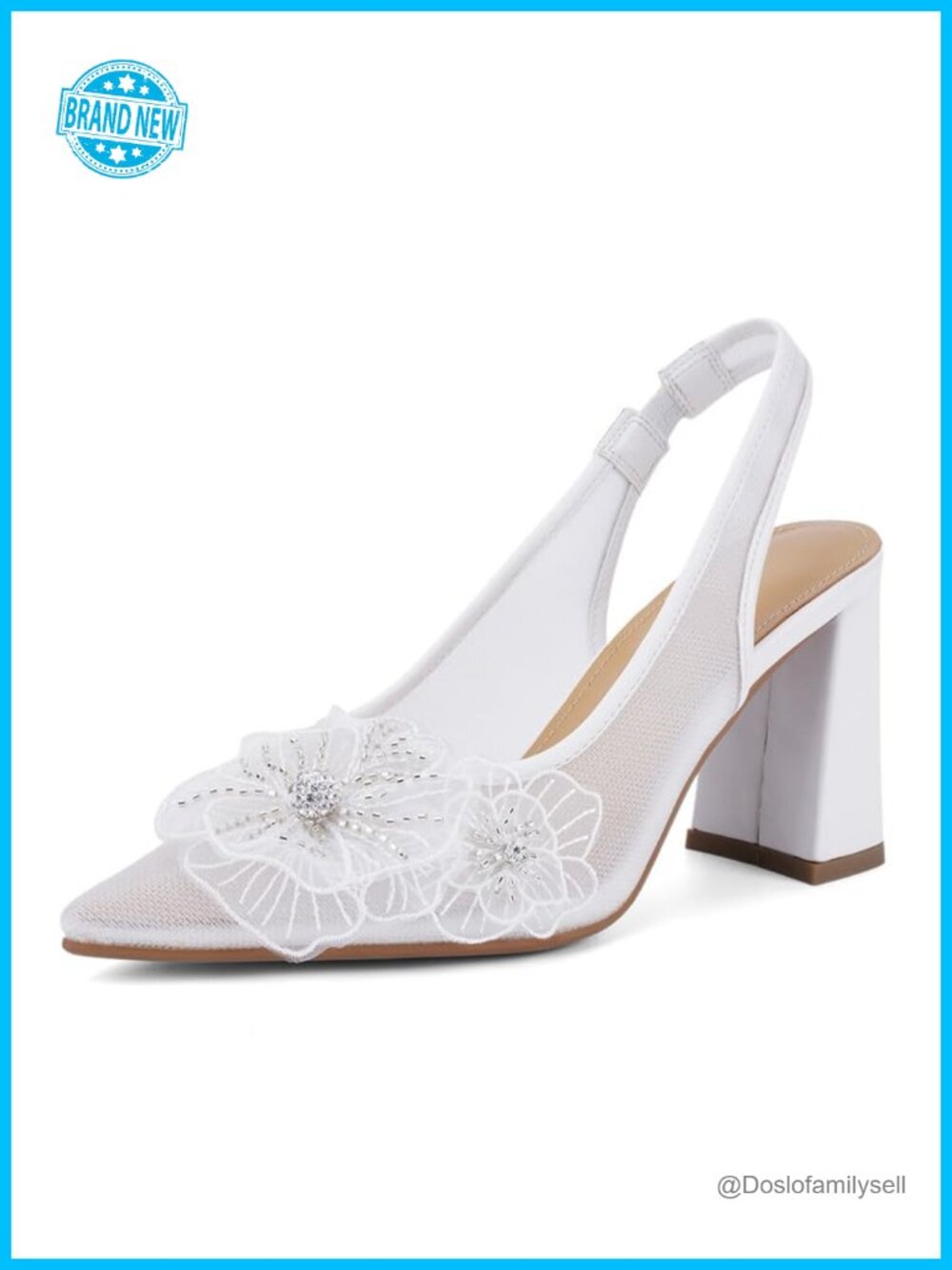 Floral Lace Mesh Slingback Pointed Toe Block Heel Pumps Women Formal